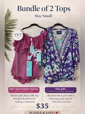 Tolani Floral Blouse + NWT Southern Frock Pink Ruffle Top Bundle Size Small Boho